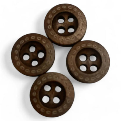 Four brown, textured, four-hole buttons.