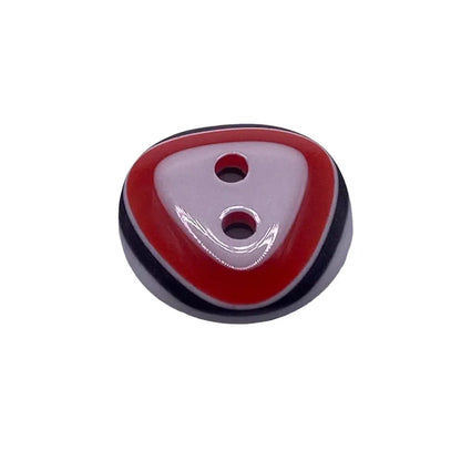 Two-hole red, white, and black button.