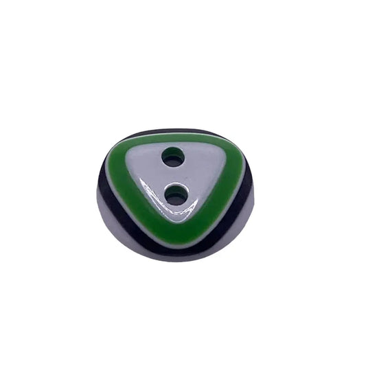 Two-hole green and white triangular button.