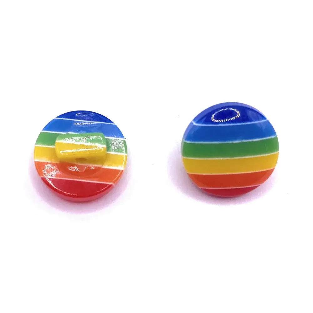 Rainbow-striped, round buttons.