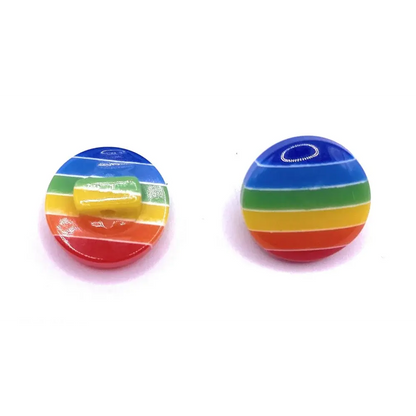 Rainbow-striped, round buttons.