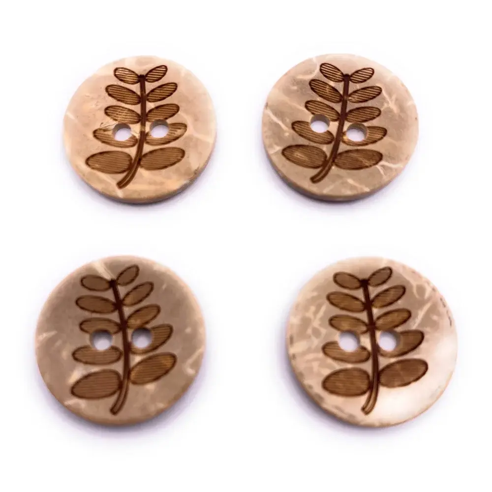 Four round, two-hole buttons with leaf design.
