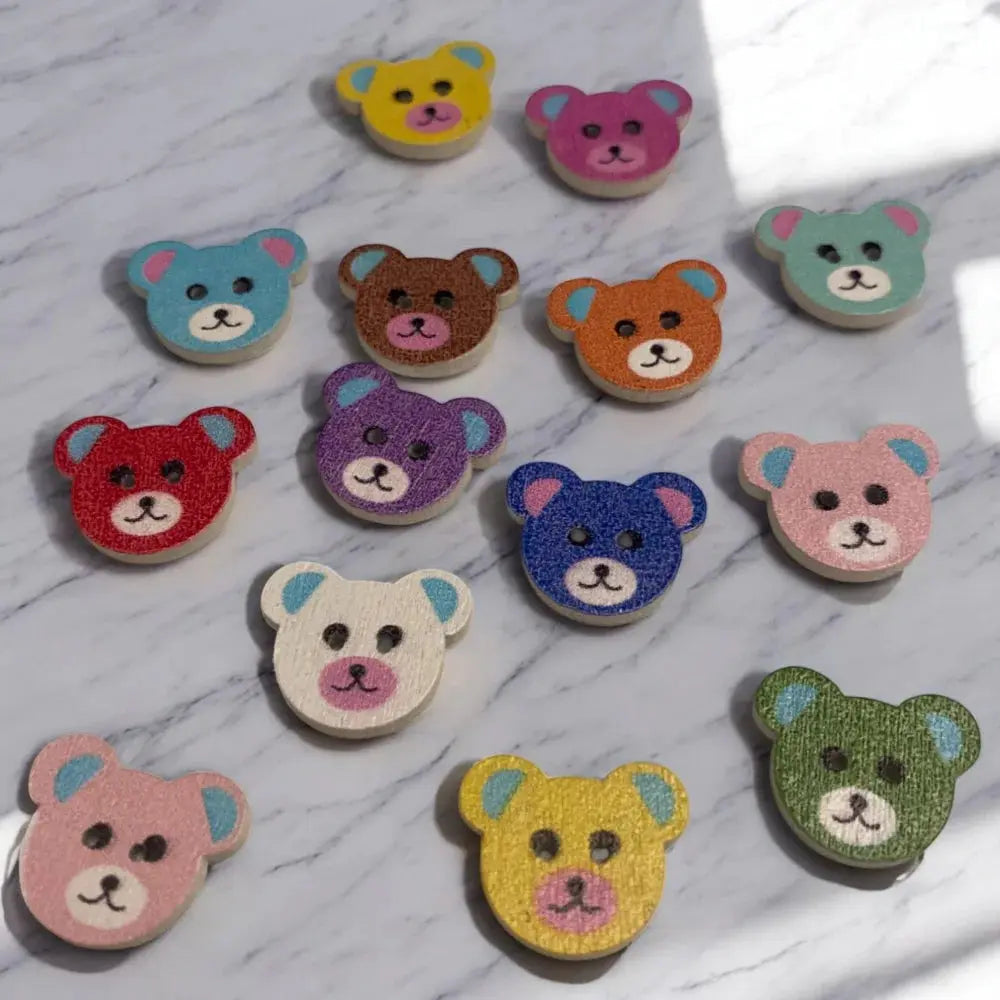 Colorful wooden teddy bear buttons.
