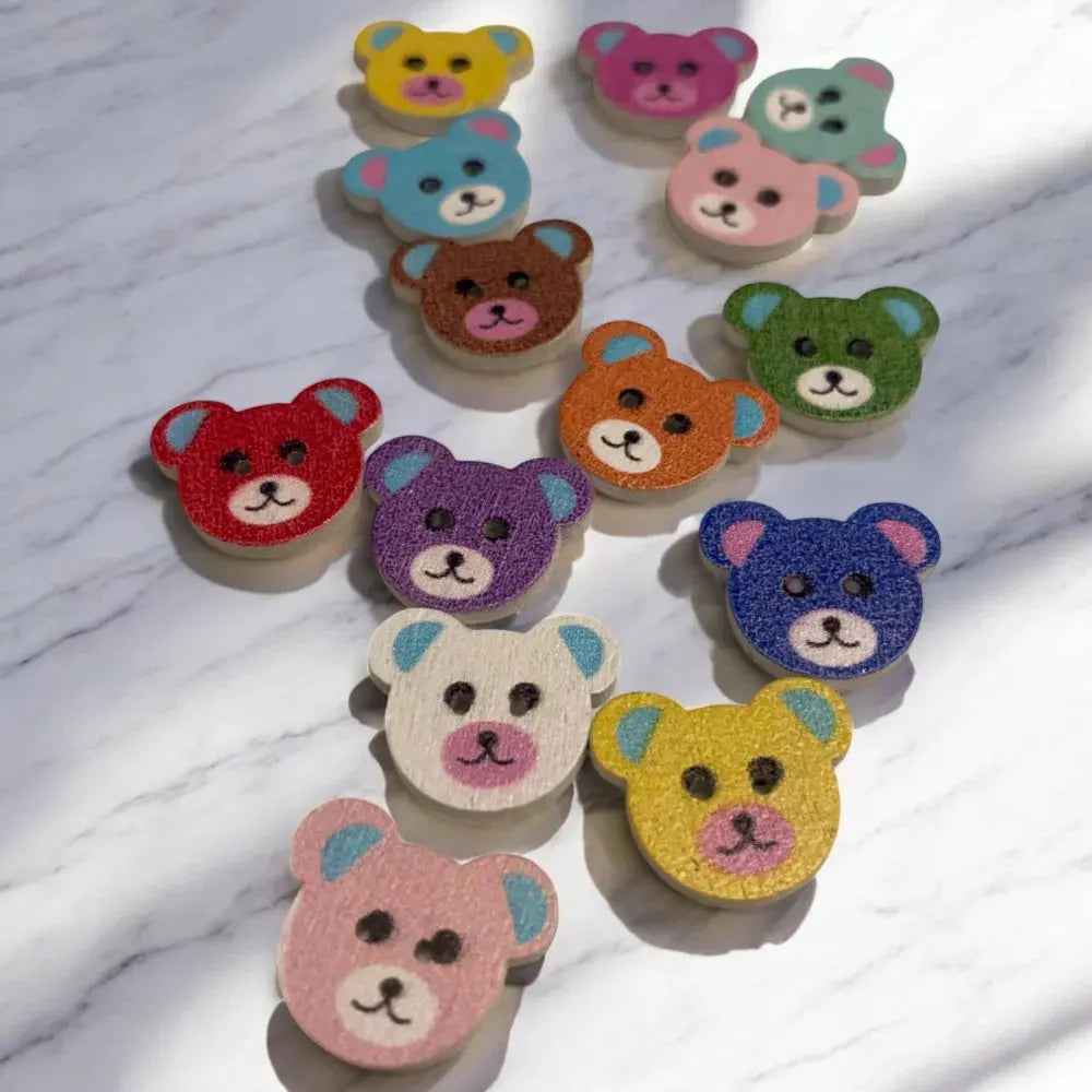 Colorful wooden bear buttons.