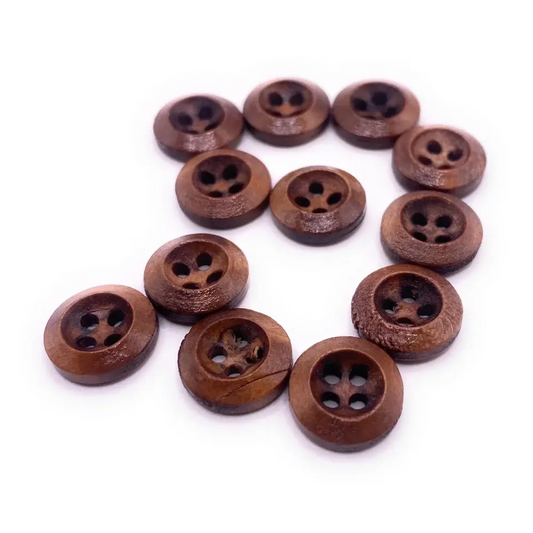 Circular brown wooden buttons.