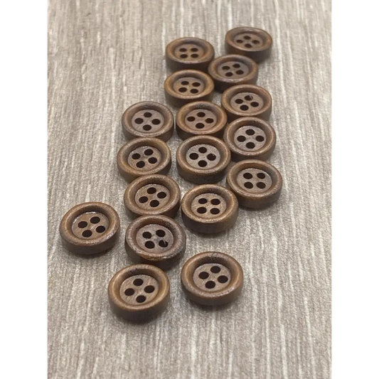 Brown wooden four-hole buttons.