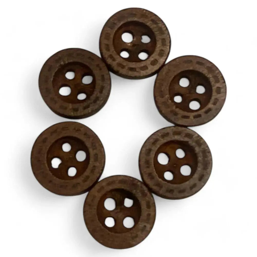 Six brown wooden four-hole buttons.
