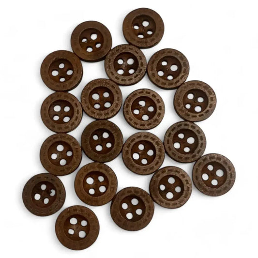 Pile of brown four-hole buttons.
