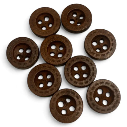 Brown, four-hole wooden buttons.
