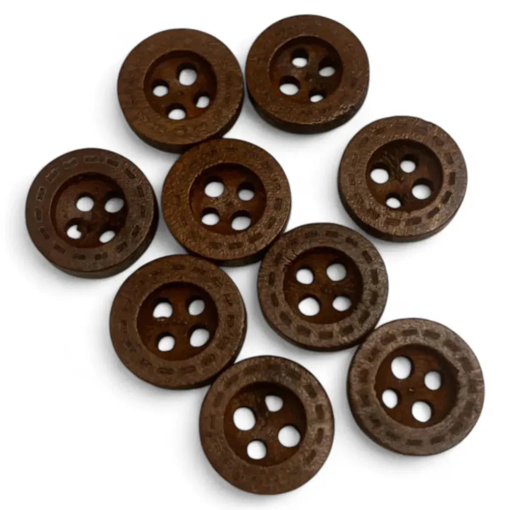 Brown, four-hole wooden buttons.