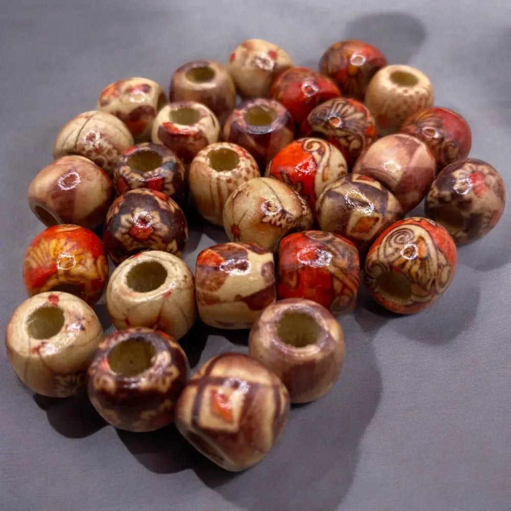 Pile of patterned wooden beads.