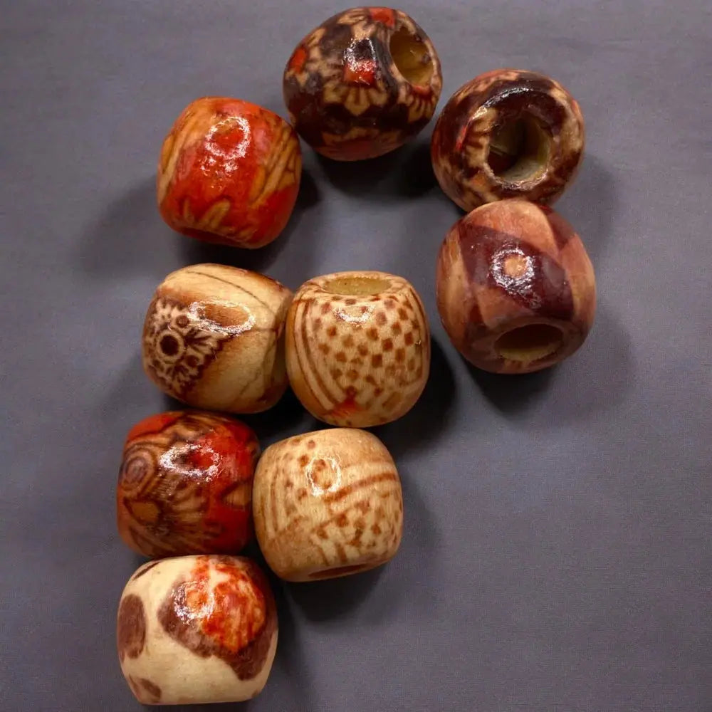 Assorted patterned wooden beads.