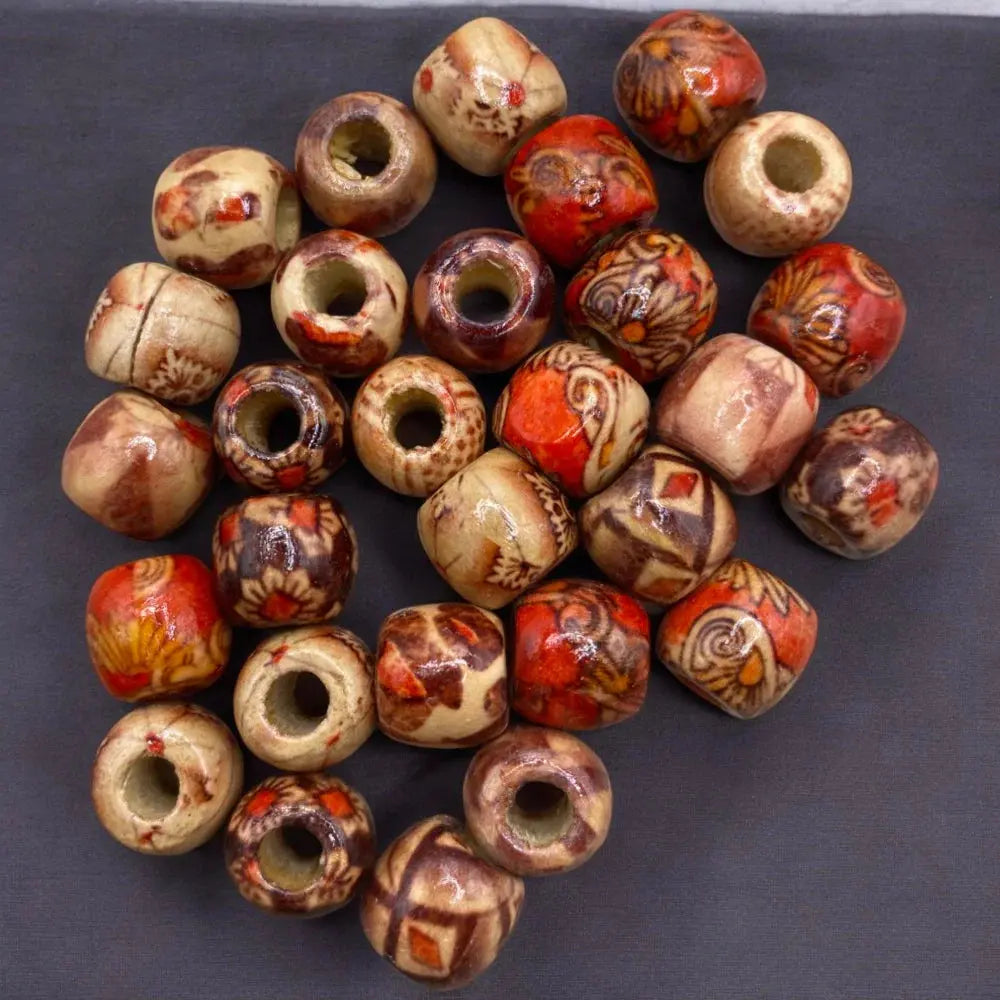 Assorted patterned ceramic beads.