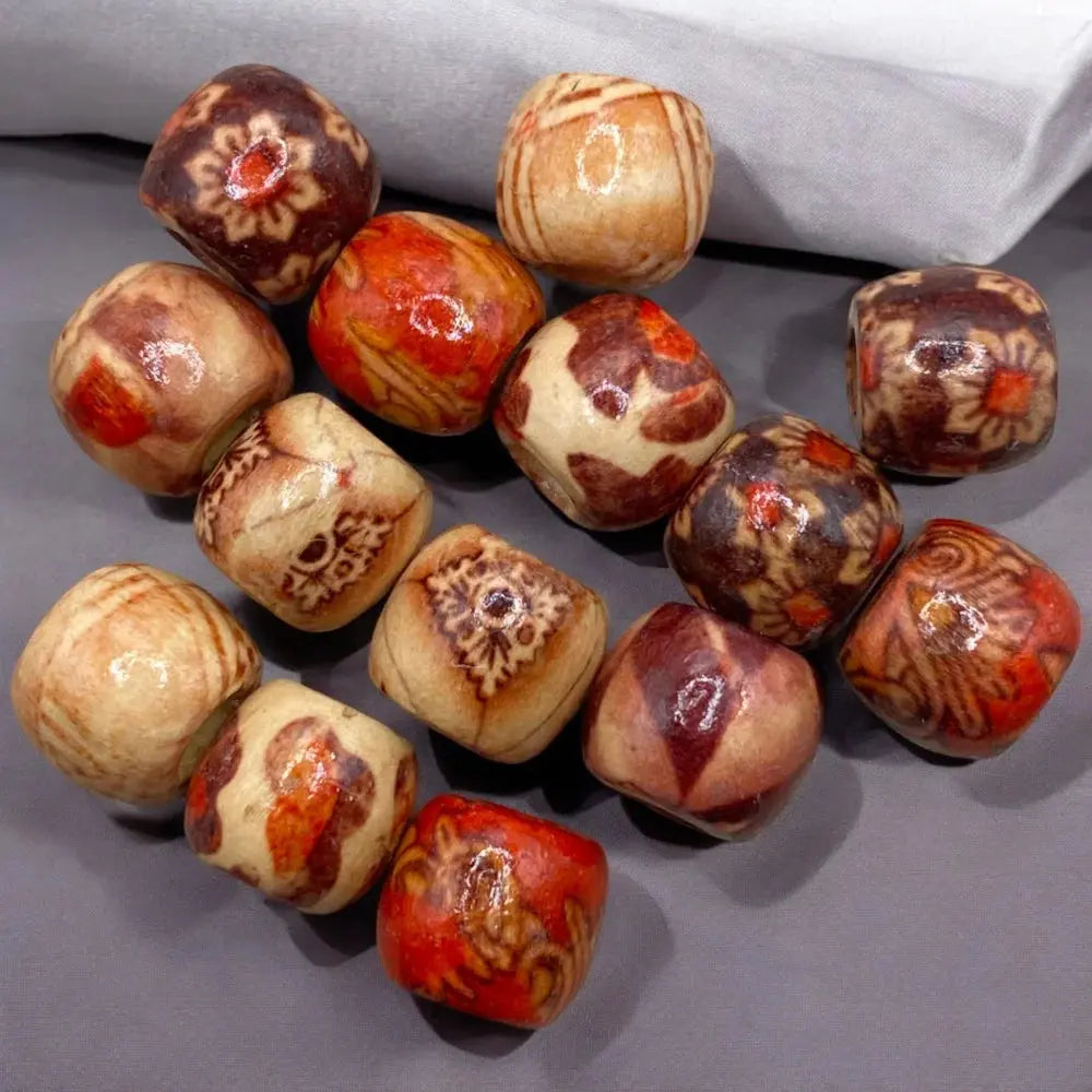 Assorted patterned wooden beads.