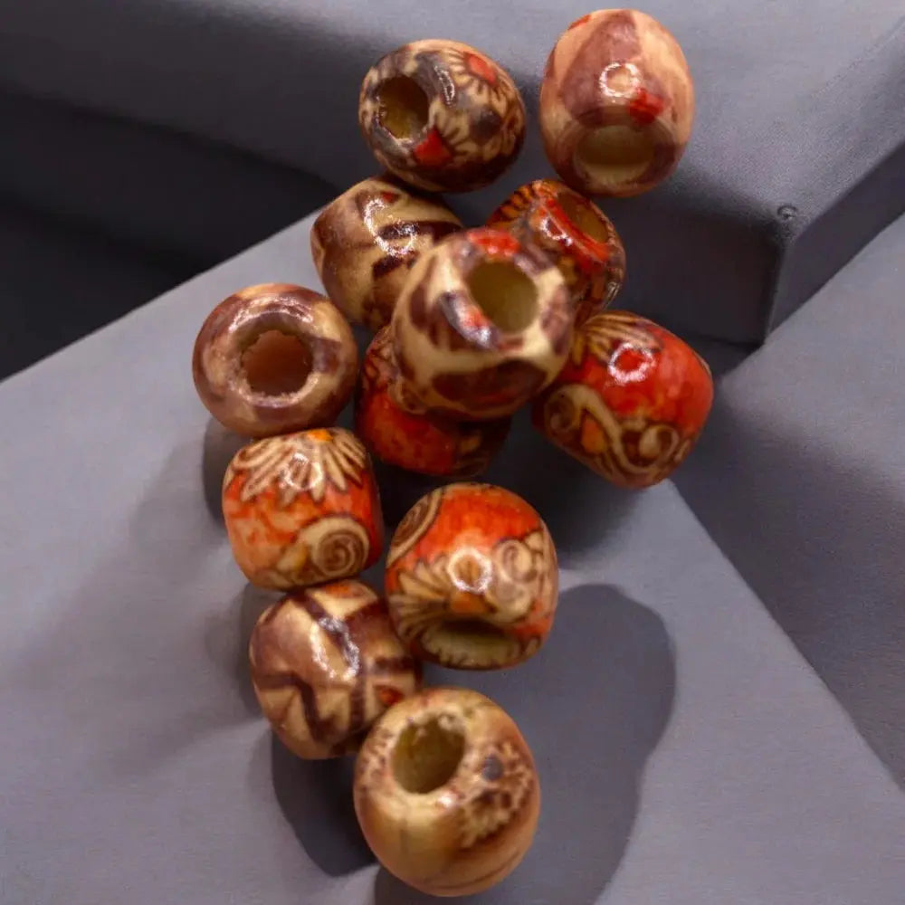 Decorated wooden beads.