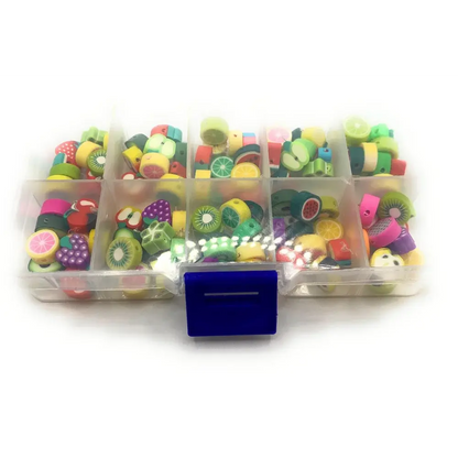 Compartmentalized box of fruit-shaped erasers.