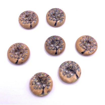 Seven round tree-themed buttons.