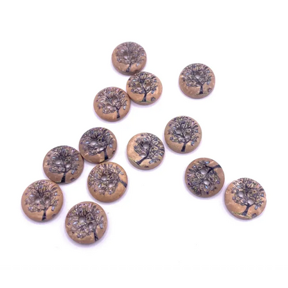 Round, tree-decorated buttons.