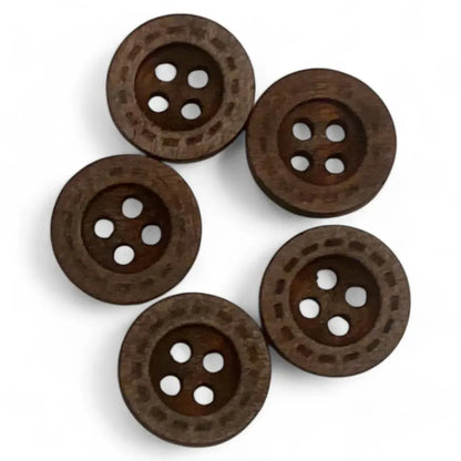 Five brown, four-hole buttons.