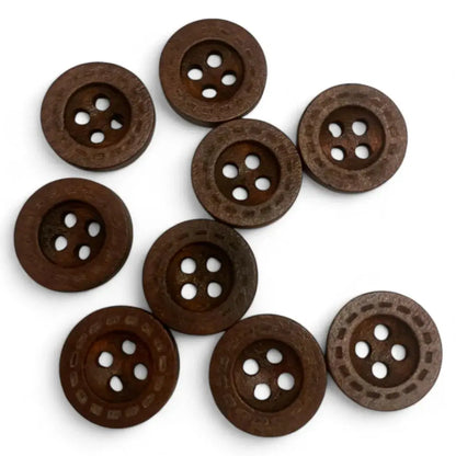 Brown wooden four-hole buttons.