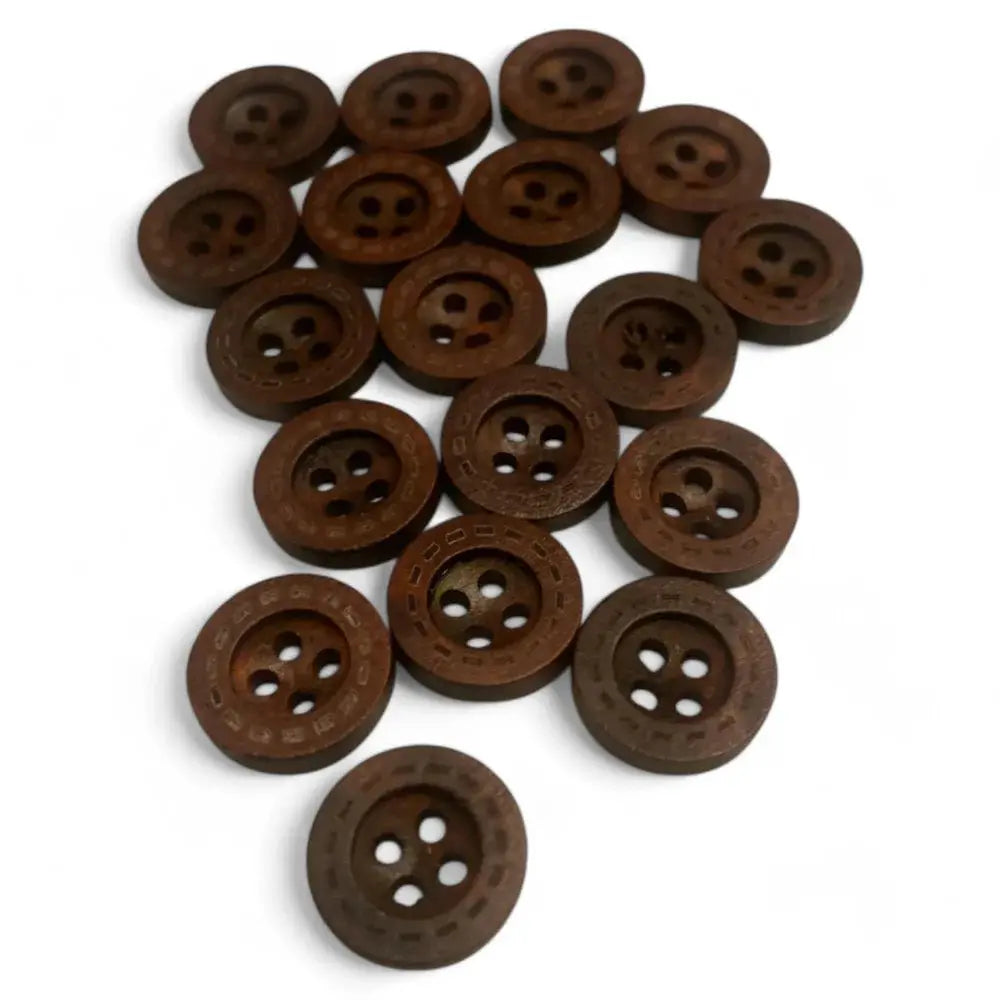 Pile of brown wooden buttons.