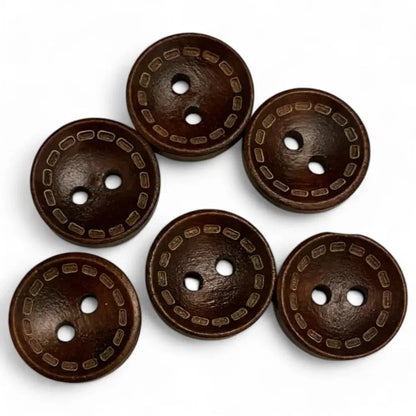 Dark brown, two-hole buttons with decorative rim.