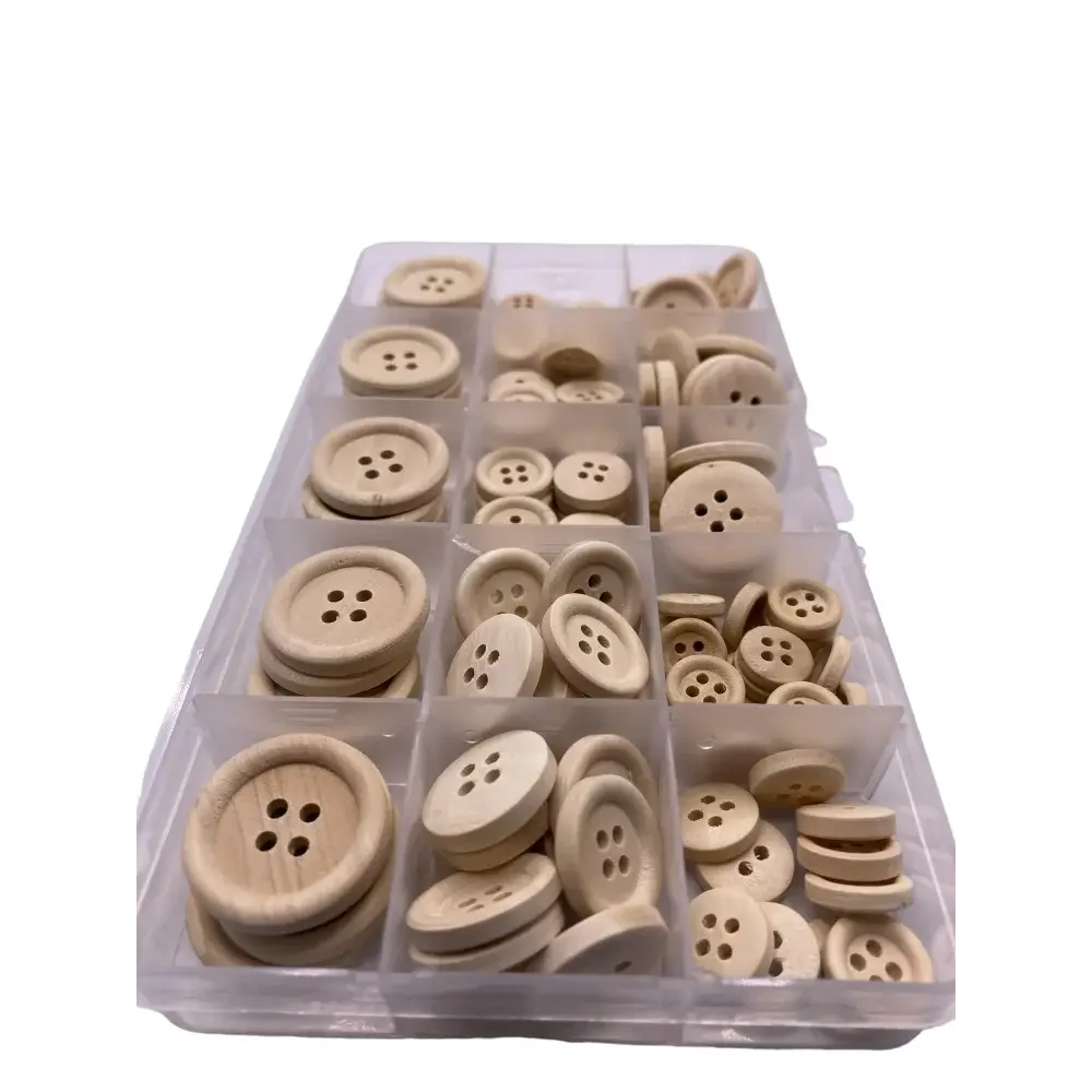 Wooden button assortment in a plastic organizer.