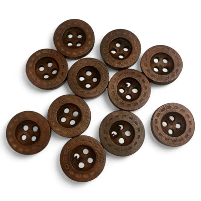 Ten brown wooden four-hole buttons.