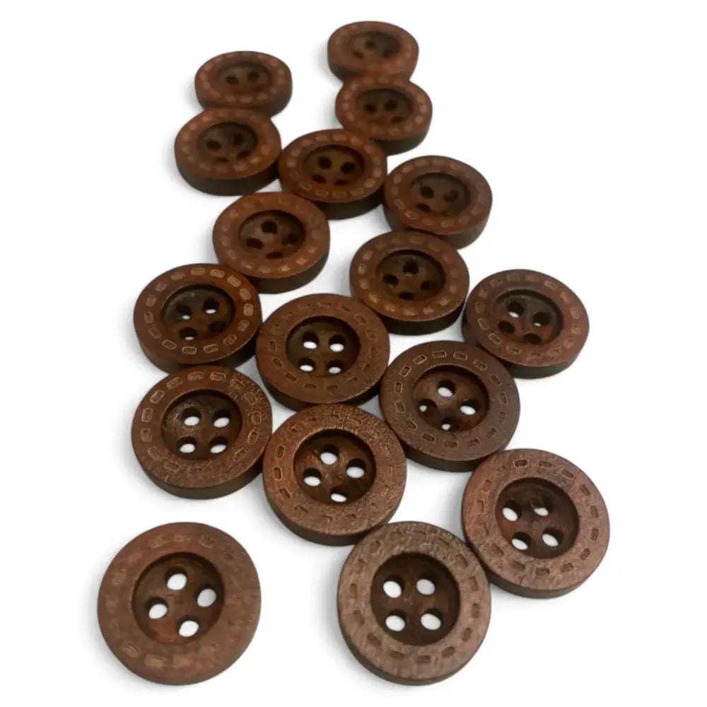 Brown, four-hole wooden buttons.