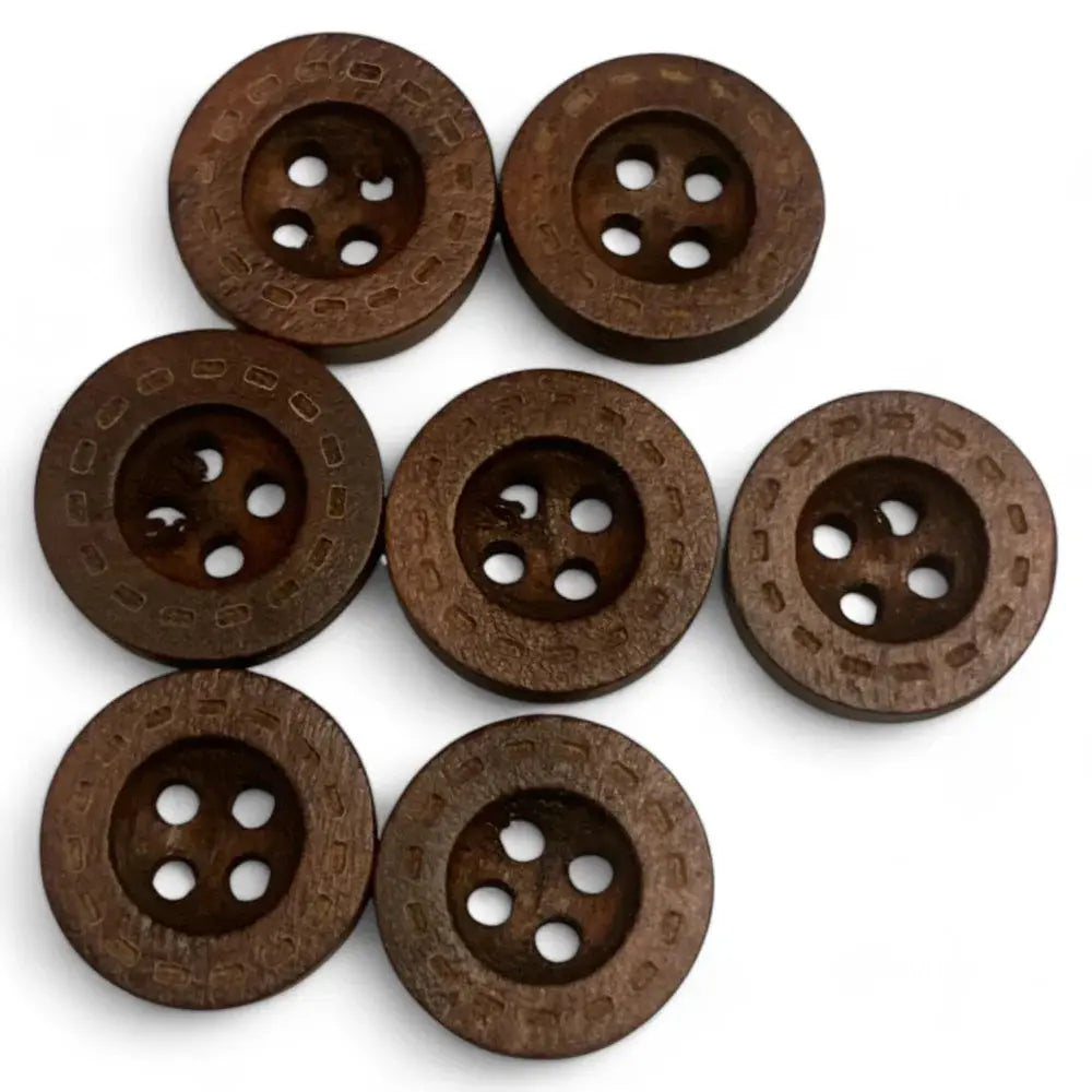 Seven brown wooden four-hole buttons.