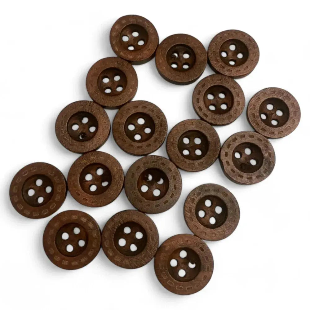 Brown wooden four-hole buttons.