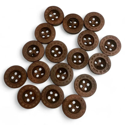 Brown wooden four-hole buttons.