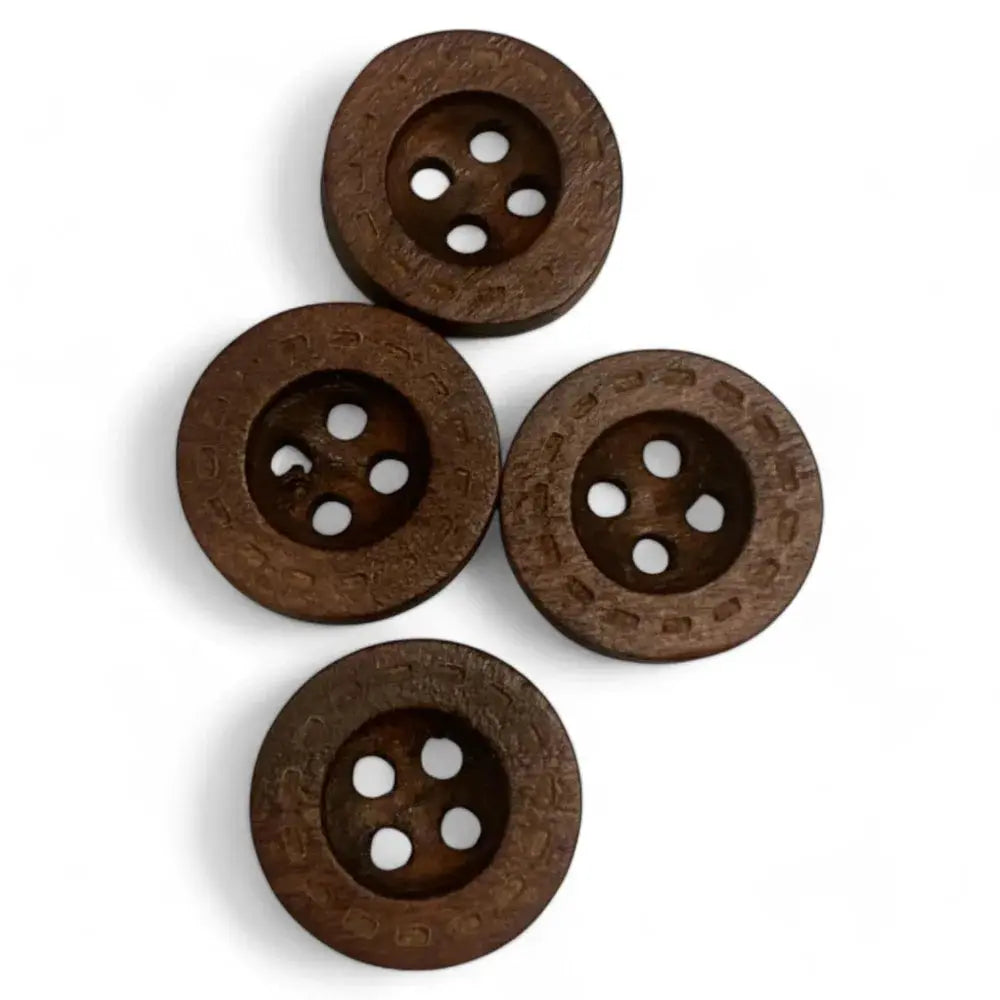 Four brown wooden buttons.