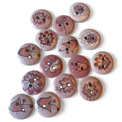 Collection of pink floral wooden buttons.