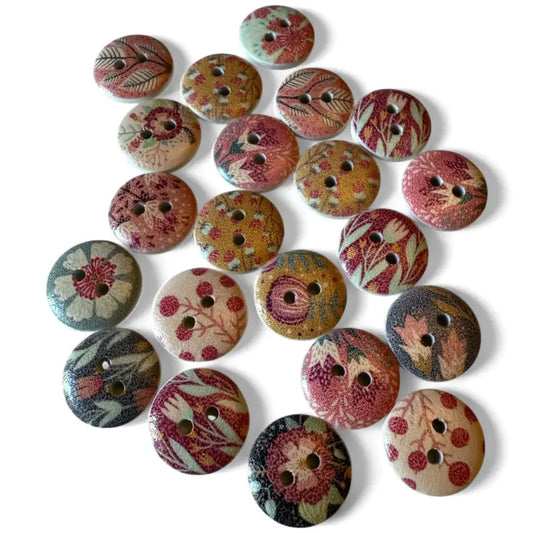 Assorted floral patterned buttons.