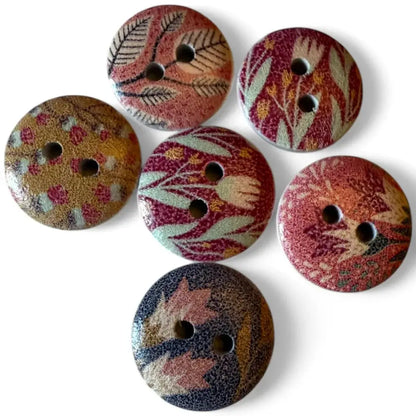 Assorted patterned wooden buttons.