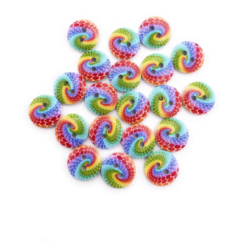Pile of colorful swirl-patterned buttons.