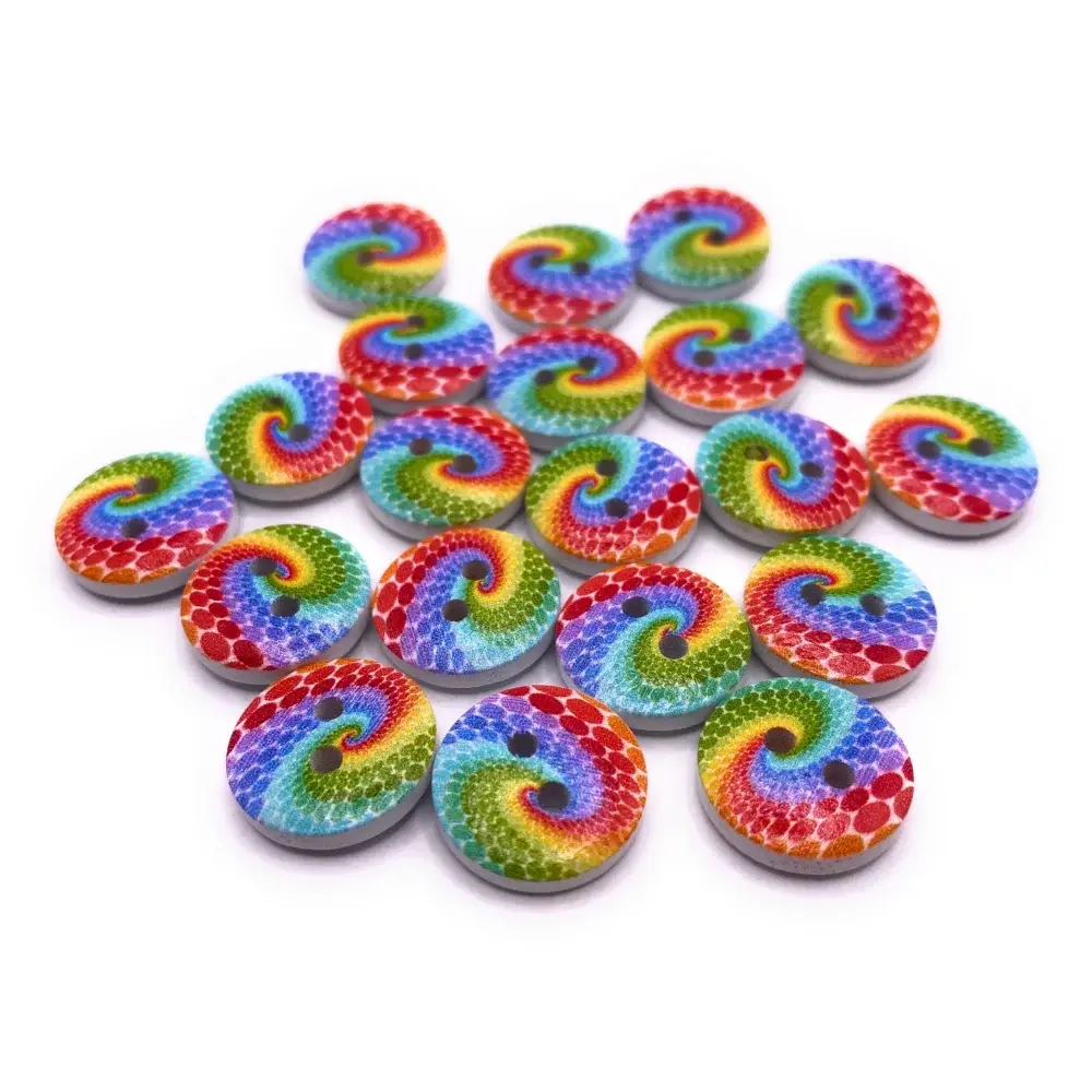 Pile of colorful swirl-patterned buttons.