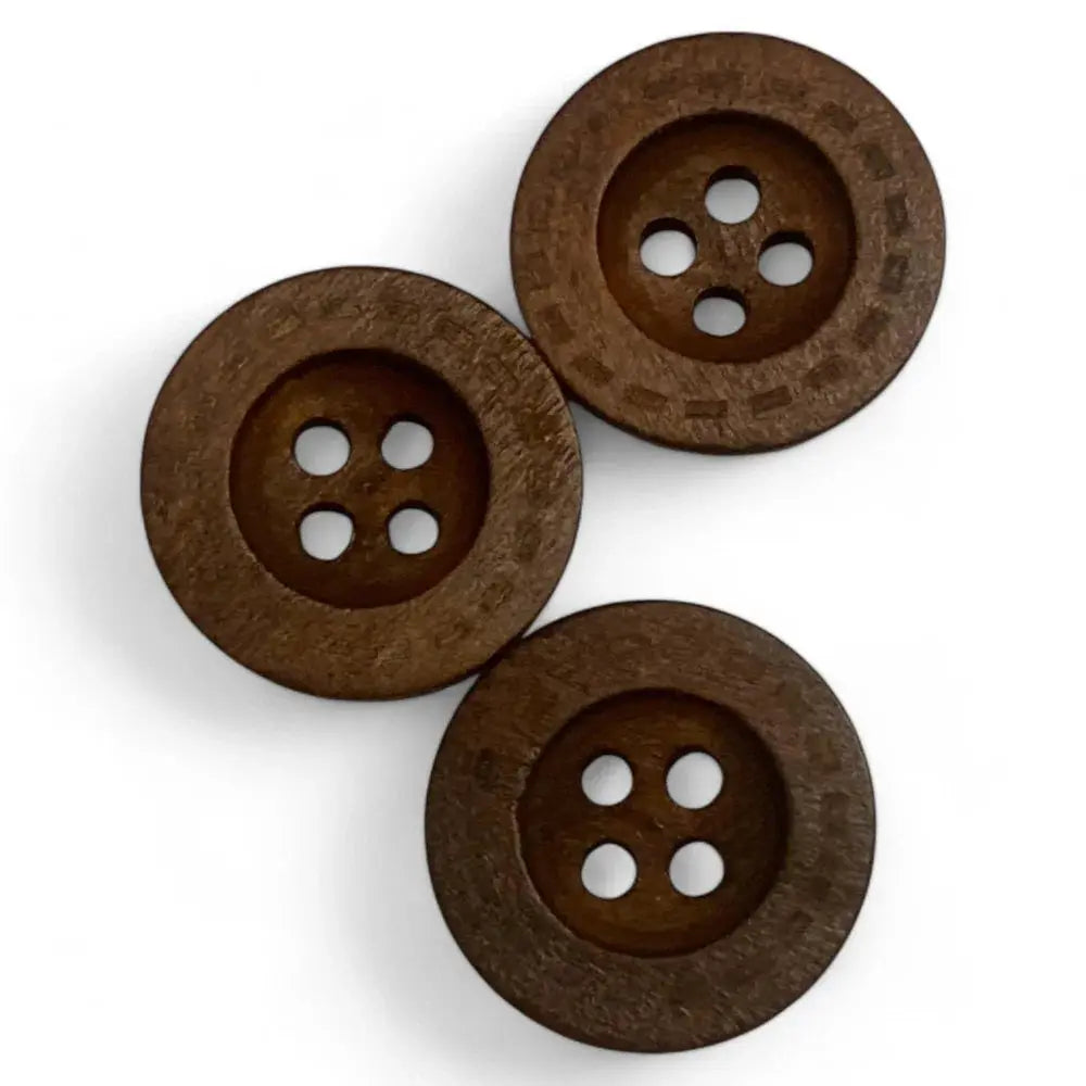 Three brown wooden buttons.
