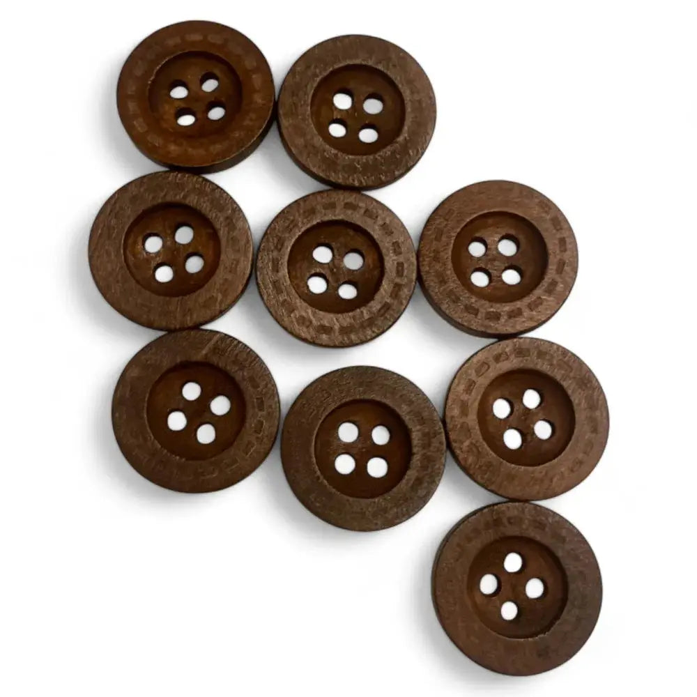 Nine brown wooden buttons.