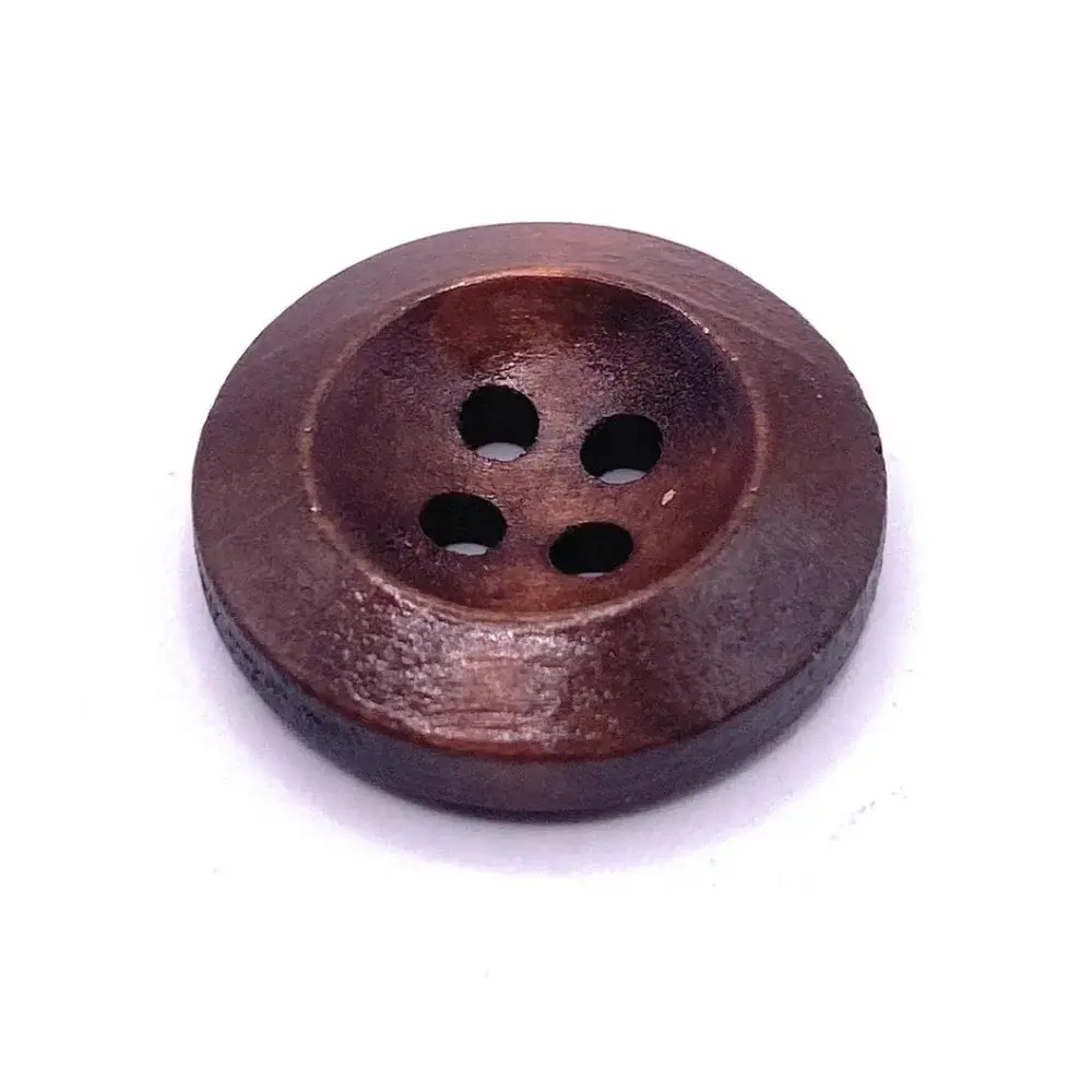Four-hole brown wooden button.