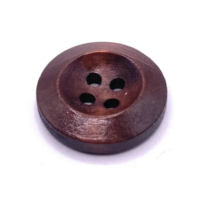 Four-hole brown wooden button.