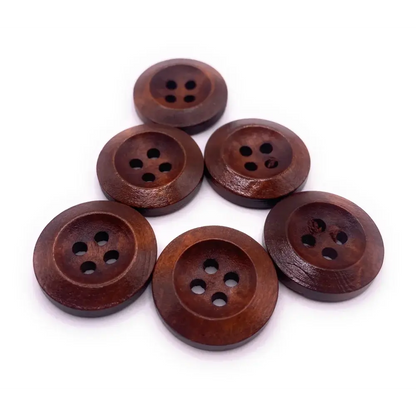Six brown wooden four-hole buttons.