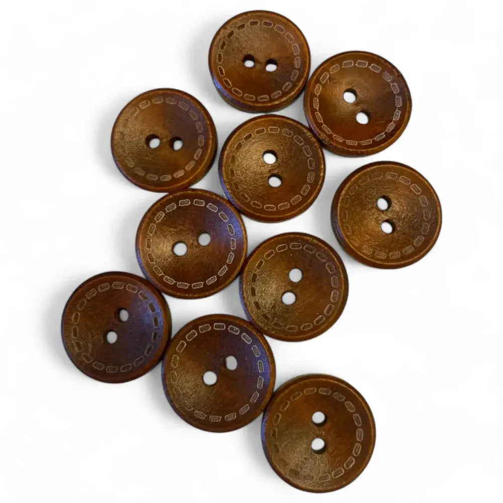 Brown, round, two-hole buttons with decorative stitching.