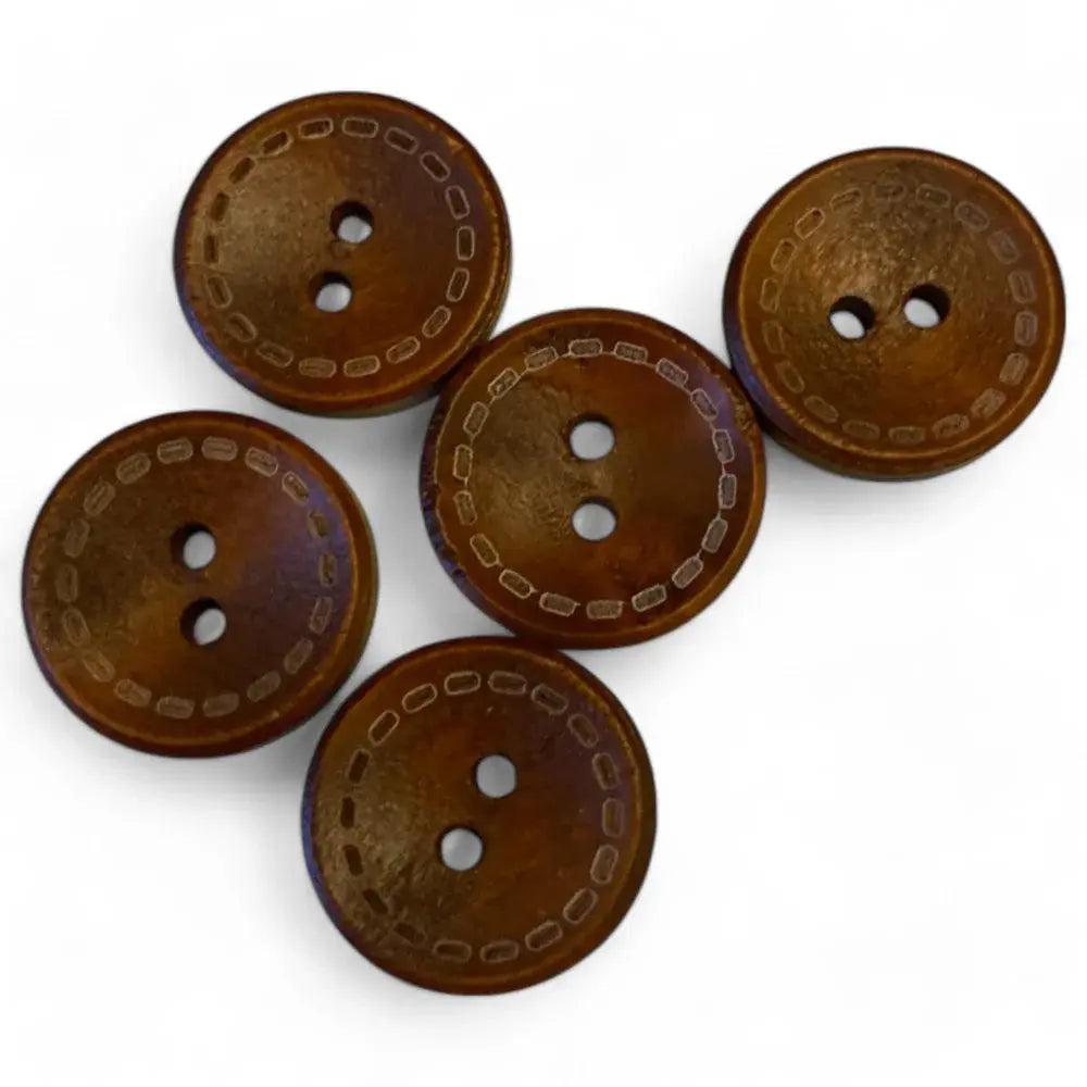 Five brown, two-hole buttons with decorative stitching.