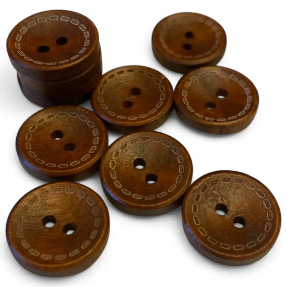 Brown wooden two-hole buttons.