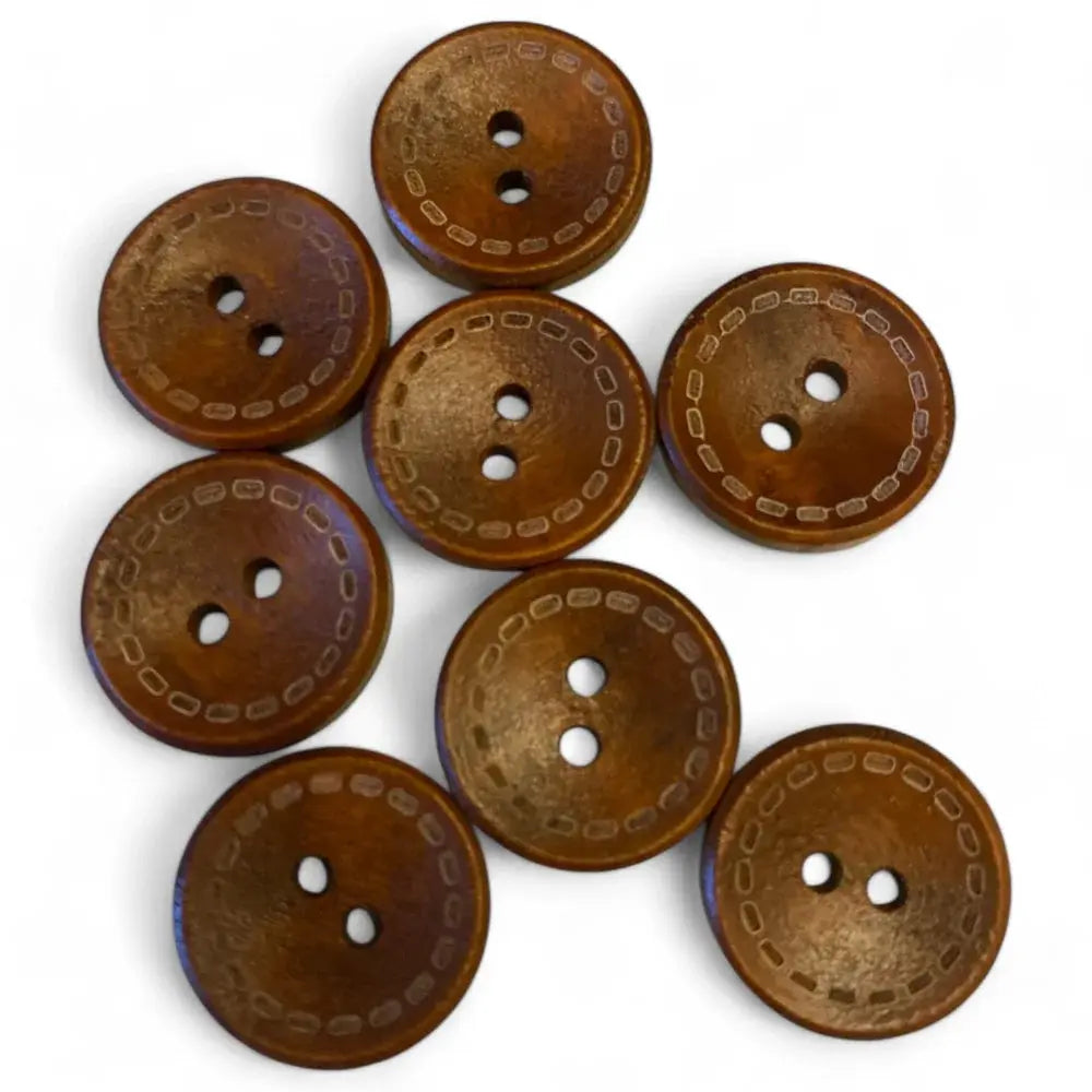 Brown two-hole buttons with stitched border.