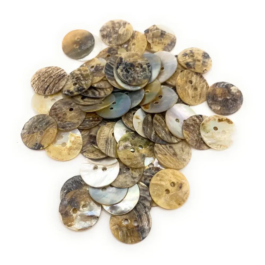 Pile of iridescent two-hole buttons.