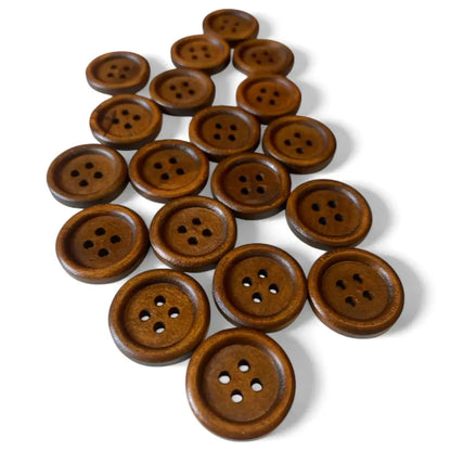 Brown wooden four-hole buttons.