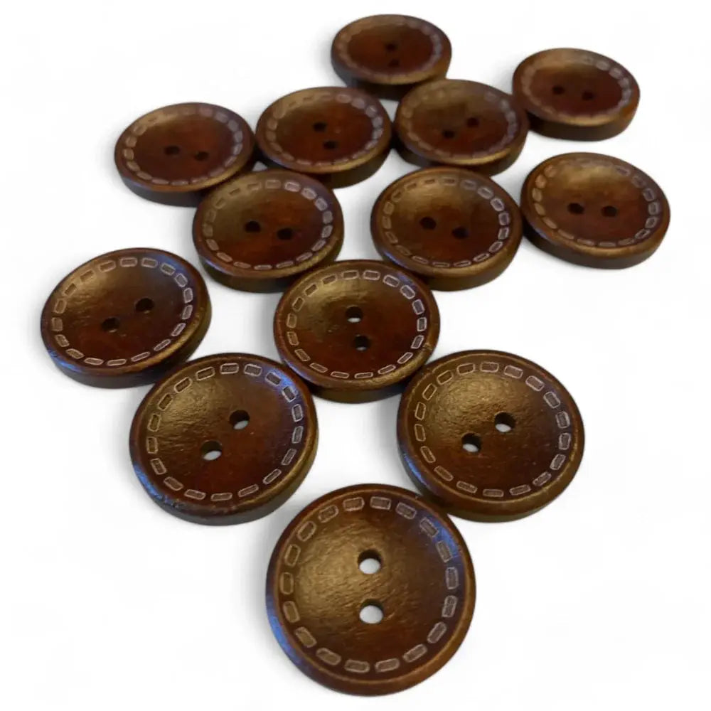 Collection of brown wooden buttons.